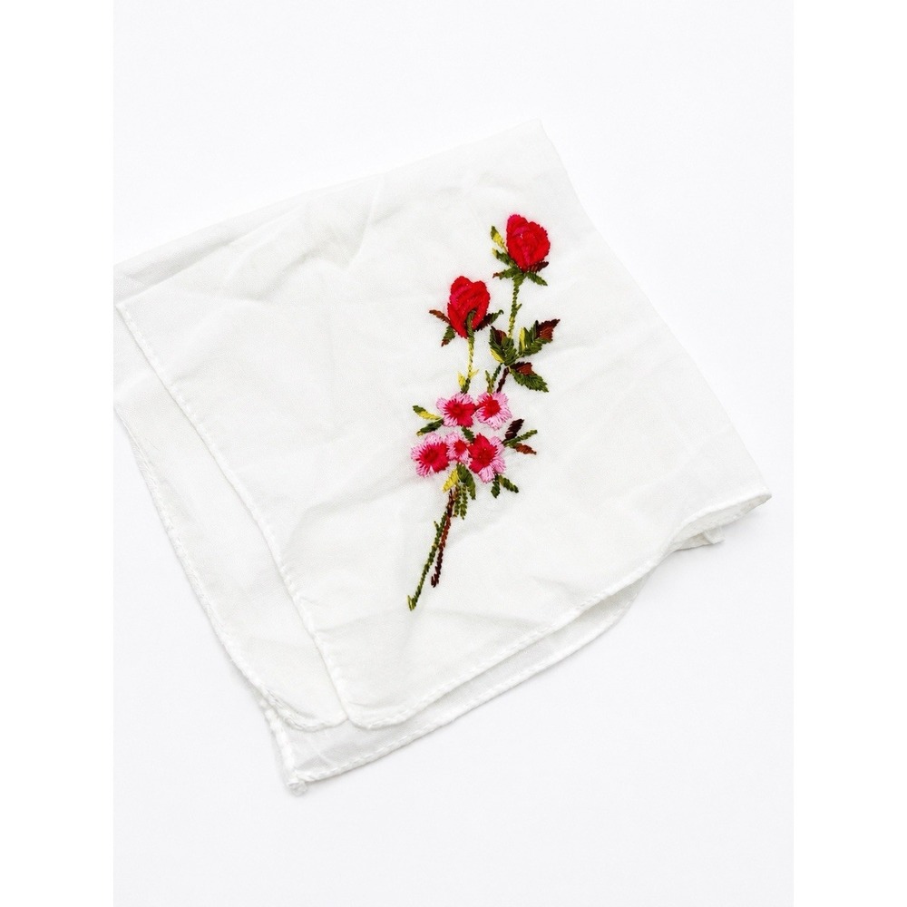 Vintage Embroidered Rose Handkerchief White Floral Hanky Wedding Bridal 10x10